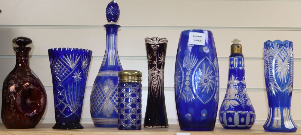 A group of colour flashed cut glass vases and decanters, 19th/20th century